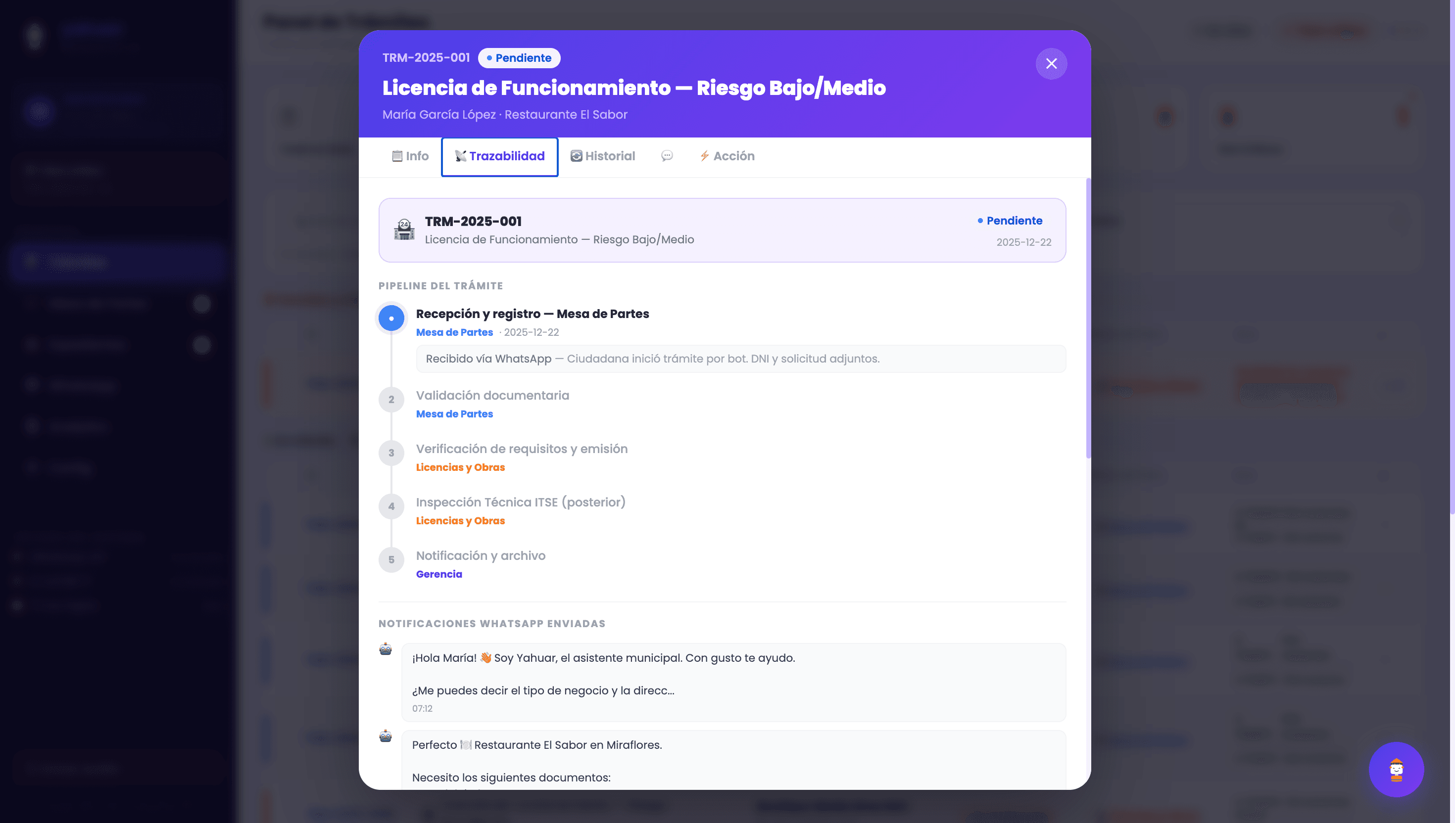 Trazabilidad de un trámite con notificaciones de WhatsApp enviadas